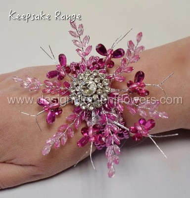 KEEPSAKE RANGE Wrist Corsage in Pink Crystal Butterflies,Crystal Leaves,Diamante Brooch on Pink Pearl Bracelet