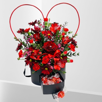 Valentines Heart Arrangement with Lindor Chocolates  hand delivered in Manchester , Salford , Eccles , Worsley , Irlam , Cadishead , Old Trafford  Lymm 