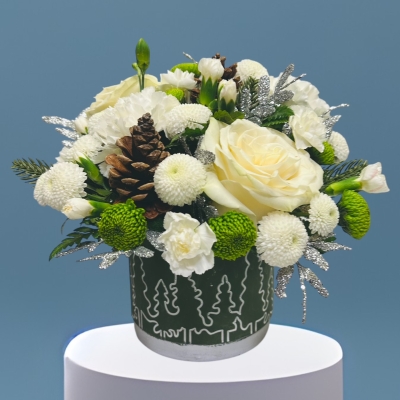 LOCAL Winter White Arrangement with Pine Cones 