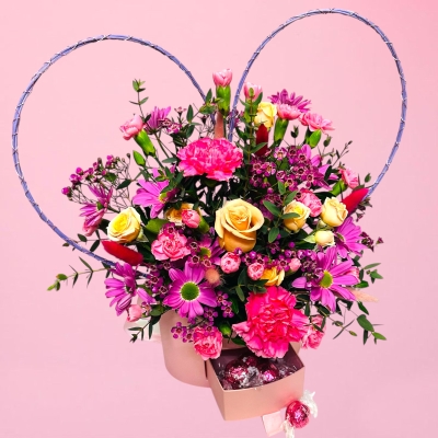 Mothers Day Heart Pink Floral Gift Box Arrangement With Chocolates 