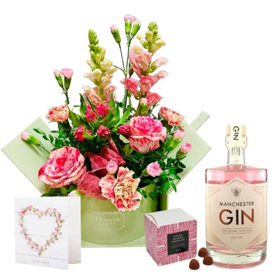 Mothers Day Alice Surpise Pink Hatbox,Manchester Rasberry Gin,Salted Caramel Chocolates & Love Greeting Card Gift set. 