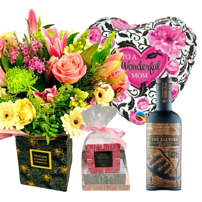 Mothers Day Luxury Peach & Pink Sensations Hand tied,Mothers Day Balloon,Salford Honey Rum,Trio of Chocolates