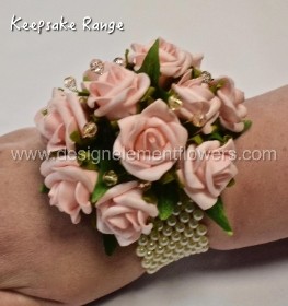 KEEPSAKE RANGE Elegance Peach Rose Wrist Corsage  can be hand delivered in Manchester, Salford , Irlam , Cadishead , Peel Green , Urmston, Worsley