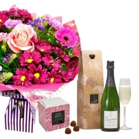 Mothers Day Cranberry Shades Handtied with Dusted Salted Caramel Chocolates & Devaux Champagne